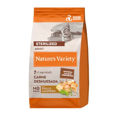 Pienso para gatos esterilizados Nature's Variety, primer ingrediente carne deshuesada, sin cereales, con pollo campero. Envase reciclable. Adulto. Proteína, calidad y digestibilidad. Pienso para gatos esterilizados Nature's Variety, primer ingrediente carne deshuesada, sin cereales, con pollo campero. Envase reciclable. Adulto. Proteína, calidad y digestibilidad.