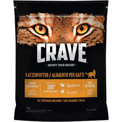 CRAVE hrană pentru pisici cu conținut ridicat de proteine, preparată cu 100% pui natural, pui proaspăt, fără cereale. Cu curcan și pui. Pentru pisici de la 1 an.