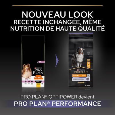 Nouveau look pour PURINA PRO PLAN : OPTIPOWER devient PRO PLAN PERFORMANCE, recette inchangée, même nutrition de haute qualité. Sacs visibles avec chiens et mentions Adult All Sizes.