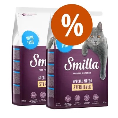 Smilla Special Needs Sterilised macskaeledel, with fish, 2×10 kg csomag, akciós százalékjel a képen. Látható: kiegyensúlyozott zsír- és energiatartalom, omega zsírsavak, taurin, yucca.
