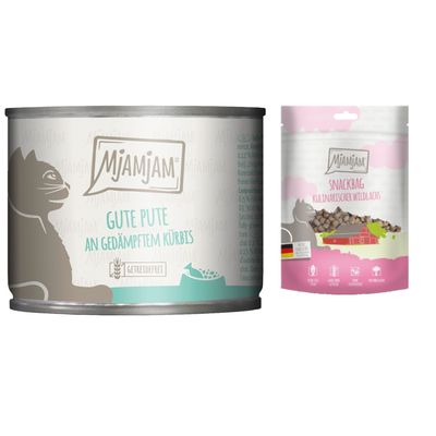 MjAMjAM Kombi-Paket: 12 x 200 g Nassfutter + 3 x 125 g Snackbag kulinarischer Wildlachs - gute Pute an gedämpftem Kürbis 12 x 200 g + Snackbag kulinarischer Wildlachs 3 x 125 g
