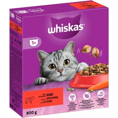 Whiskas torrfoder för katt, nötkött, 800 g. Text: Rind, Wołowiną, Rund. Märkt 1+. Bild på katt och matskål med foder, morot och ärtor. 100 % komplett och balanserat. Whiskas torrfoder för katt, nötkött, 800 g. Text: Rind, Wołowiną, Rund. Märkt 1+. Bild på katt och matskål med foder, morot och ärtor. 100 % komplett och balanserat.