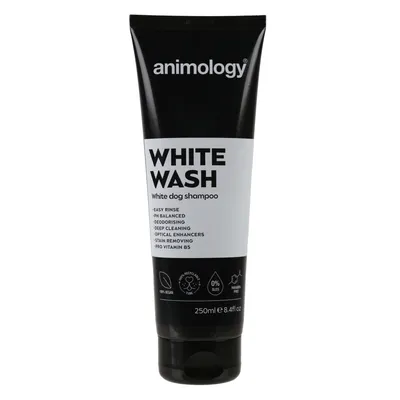 White Wash white dog shampoo, 250ml. Features: easy rinse, pH balanced, deodorising, deep cleaning, optical enhancers, stain removing, pro vitamin B5, vegan, recyclable, SLES and paraben free.