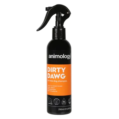 Animology Dirty Dawg no rinse dog shampoo, 250ml spray bottle. Features built-in conditioner, easy spray, deodorising, pro vitamin B5, vegan, recyclable, paraben free, 0% SLS/SLES.