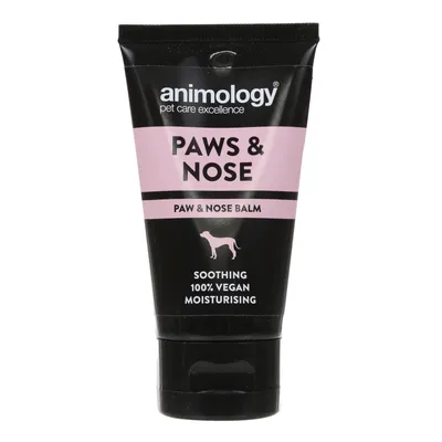 Paws & Nose paw and nose balm, soothing, 100% vegan, moisturising. Product tube with text: animology pet care excellence.