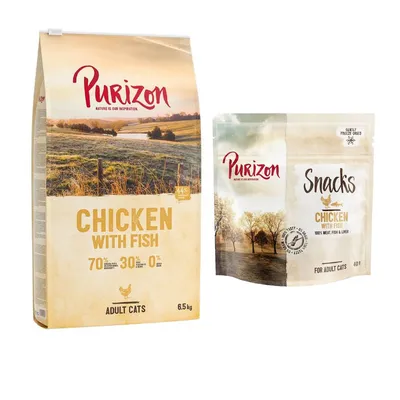 Purizon getreidefrei Kombi-Paket: 6,5 kg Trockenfutter + 3 x 40 g Snack - Original Huhn & Fisch + Huhn mit Fisch