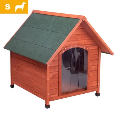 Niche pour chien en bois avec toit vert, entrée protégée par lamelles transparentes. Icône chien et lettre S indiquant la taille petite. Niche pour chien en bois avec toit vert, entrée protégée par lamelles transparentes. Icône chien et lettre S indiquant la taille petite.