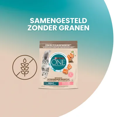 Purina ONE kattenvoer, samengesteld zonder granen. Verpakking toont kat, zalm en erwten. Tekst: Bifensis, graanvrij recept, adult, 600 g. Ontworpen om recyclebaar te zijn.