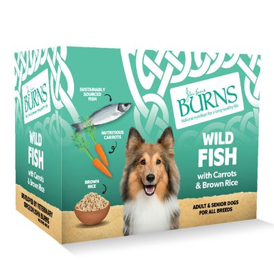 Burns Wild Fish with Carrots and Brown Rice, showing sustainably sourced fish, nutritious carrots, brown rice, for adult and senior dogs of all breeds. Developed by veterinary surgeon John Burns.