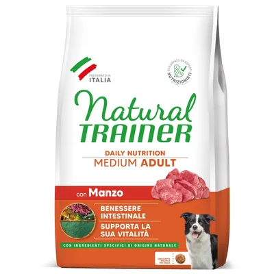 Natural Trainer Daily Nutrition Medium Adult con Manzo, benessere intestinale, supporta la sua vitalità, preparato in Italia, sviluppato da esperti nutrizionisti, crocchetta adatta per taglia media.