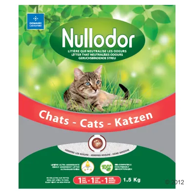 Balení steliva Nullodor pro kočky, text: Chats – Cats – Katzen, 1,5 kg, absorbuje pachy, ultraabsorpční, 100% biologicky odbouratelné. Značka Demavic Laboratoire.