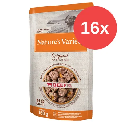 Pack de 16 sobres Nature's Variety Original paté para perros mini (1–10 kg), sabor buey, sin cereales, peso neto 150 g. Texto visible: BEEF, NO GRAIN. Pack de 16 sobres Nature's Variety Original paté para perros mini (1–10 kg), sabor buey, sin cereales, peso neto 150 g. Texto visible: BEEF, NO GRAIN.