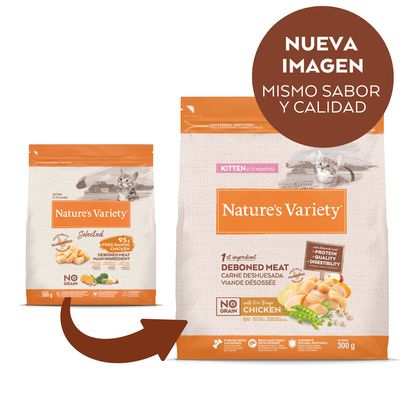 Nature's Variety Kitten 1–12 months, carne deshuesada de pollo campero, sin cereales. Nueva imagen, mismo sabor y calidad. Paquete de 300 g visible.