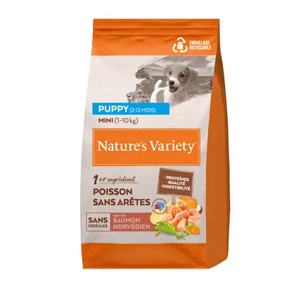 Sac Nature’s Variety Puppy Mini 1–10 kg, poisson sans arêtes, sans céréales, avec du saumon norvégien, emballage recyclable, pour chiot 2–12 mois. Texte visible sur l’emballage.