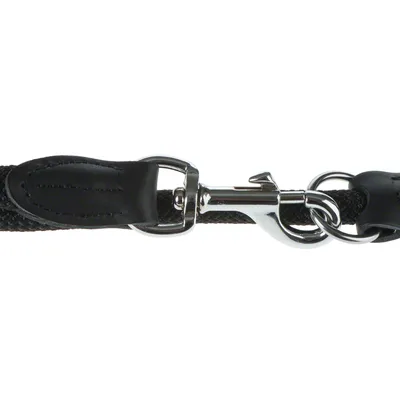 Nahaufnahme eines schwarzen Hundeleinenverschlusses mit Metallkarabiner und Lederdetails.