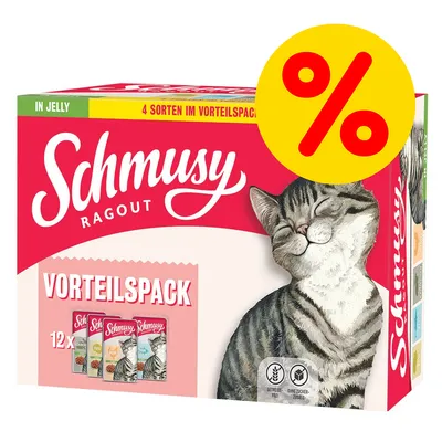 Schmusy Ragout Vorteils­pack 12x, 4 Sorten im Vorteilspack, in jelly. Stor gul procent-symbol visar rabatt eller erbjudande.