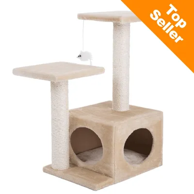 Klösträd i beige tyg med två plattformar, två pelare lindade med rep, en kubformad koja och hängande leksaksmus. Orange hörn med texten 'Top Seller'. Klösträd i beige tyg med två plattformar, två pelare lindade med rep, en kubformad koja och hängande leksaksmus. Orange hörn med texten 'Top Seller'.