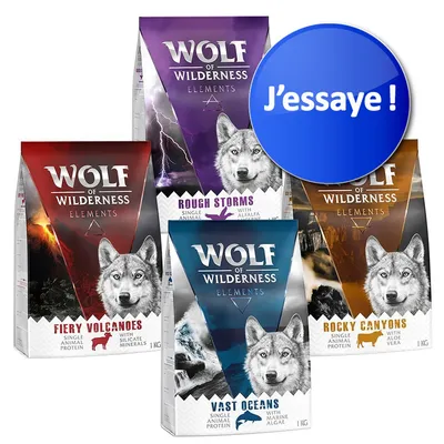 Quatre sachets Wolf of Wilderness Elements : Fiery Volcanoes, Rough Storms, Vast Oceans, Rocky Canyons. Texte visible : J’essaie ! sur un bouton bleu.