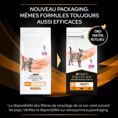 Nouveau packaging Purina Pro Plan Veterinary Diets OM Obesity Management pour chat, mêmes formules, conçu pour être recyclable. Deux sacs montrés avec logo isfm et mentions visibles.