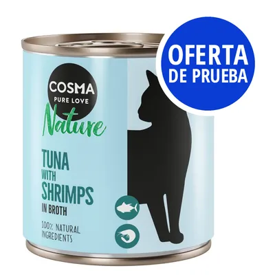 Lata Cosma Pure Love Nature, Tuna with Shrimps in Broth, 100% natural ingredients. Sello azul: OFERTA DE PRUEBA.