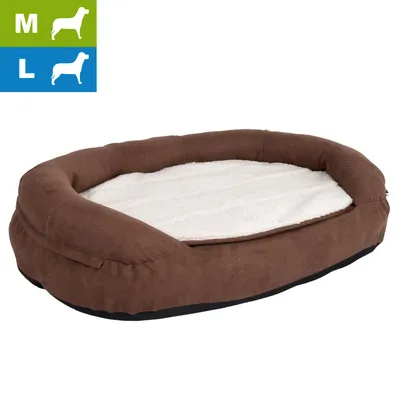 Panier ovale pour chien, surface de couchage blanche, rebords marron, tailles M et L indiquées en haut à gauche par des pictogrammes de chiens sur fond vert et bleu.
