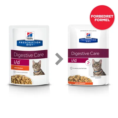 Hill's Prescription Diet Digestive Care i/d with Chicken kattefoder, to pakker med forskelligt design. Rød cirkel med teksten 'FORBEDRET FORMEL' på den nye emballage.