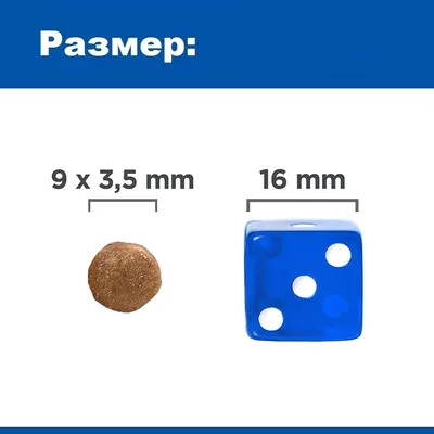 Сравнение на размер: гранула 9 x 3,5 мм до син зар с размер 16 мм. Текст: Размер.