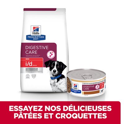 Hill's Prescription Diet Digestive Care i/d stress MINI pour chien, croquettes et pâtée. Texte visible : Essayez nos délicieuses pâtées et croquettes.