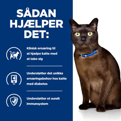 SÅDAN HJÆLPER DET: Klinisk ernæring til at hjælpe katte med at tabe sig. Understøtter det unikke ernæringsbehov hos katte med diabetes. Understøtter et sundt immunsystem.