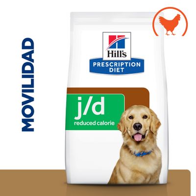 Hill's Prescription Diet j/d reduced calorie, envase con imagen de perro y símbolo de pollo. Texto visible: MOVILIDAD.