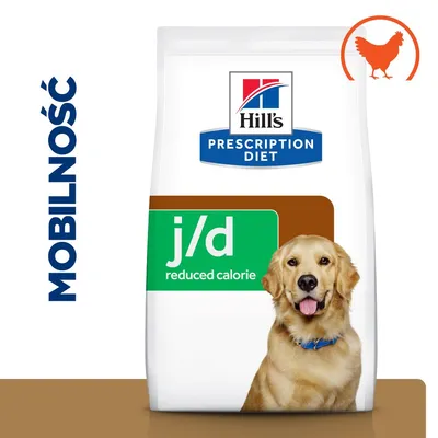 Hill's Prescription Diet j/d reduced calorie, napis MOBILNOŚĆ, symbol kurczaka na opakowaniu karmy dla psa.