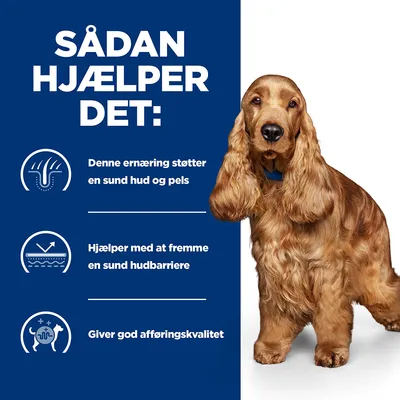 Sådan hjælper det: Denne ernæring støtter en sund hud og pels. Hjælper med at fremme en sund hudbarriere. Giver god afføringskvalitet.