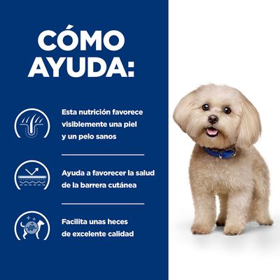 Texto: Esta nutrición favorece visiblemente una piel y un pelo sanos, ayuda a favorecer la salud de la barrera cutánea, facilita unas heces de excelente calidad.