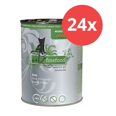 Catz Finefood Nassfutter Ente, 24x Dosen, getreidefrei, ohne Zuckerzusatz, hoher Fleischanteil, Monoprotein. Natürlich gut mmmmiau.