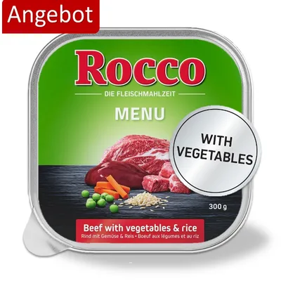 Rocco Menü, Rind mit Gemüse und Reis, 300g. Angebot. Mit Gemüse.