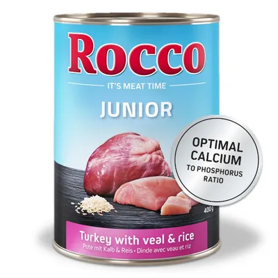 Rocco Junior nedves eledel, pulyka borjúval és rizzsel, 400g. Optimális kalcium-foszfor arány. It's Meat Time.