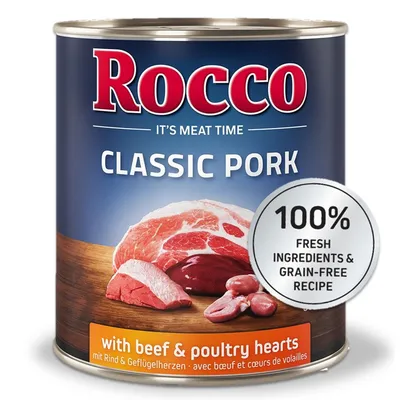 Rocco Classic Pork mit Rind und Geflügelherzen. 100% frische Zutaten, getreidefreie Rezeptur.