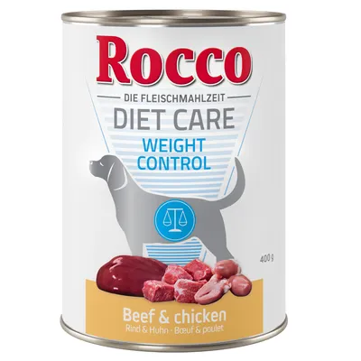 Rocco Diet Care Weight Control, Beef & chicken, 400 g. Dåse med illustration af hund og kød. Tekst: Die Fleischmahlzeit, Rind & Huhn, Boeuf & poulet.