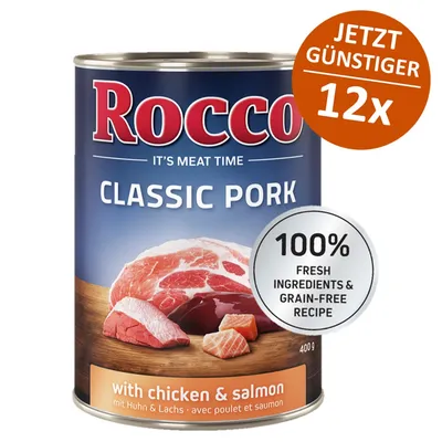 Rocco Classic Pork mit Huhn und Lachs, 400g Dose. 100% frische Zutaten, getreidefreie Rezeptur. Jetzt günstiger im 12er-Pack.