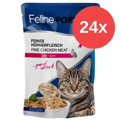 Feline PORTION Feines Hühnerfleisch Fine Chicken Meat pur. Sin azúcar añadido. Imagen de envase con foto de gato y comida húmeda de pollo. Paquete de 24 unidades.