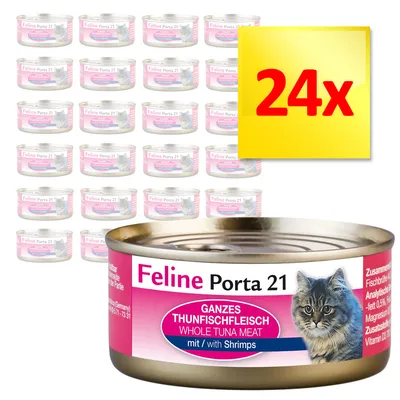 Feline Porta 21 kattemad, dåse med teksten 'GANZES THUNFISCHFLEISCH WHOLE TUNA MEAT mit/with Shrimps', billede af kat, 24x vises i gul boks