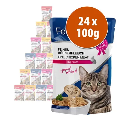 Feline Porta 21 Feines Hühnerfleisch, Fine Chicken Meat, pur/pure, sin azúcares añadidos, pack de 24 sobres de 100 g de comida húmeda para gatos. Imagen del producto y varios sobres al fondo.