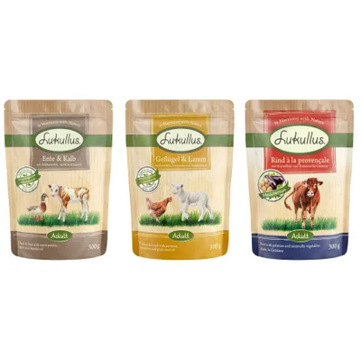 Lukullus Adult Nassfutter: Ente & Kalb, Geflügel & Lamm, Rind à la provençale. Mit natürlichen Zutaten, hergestellt in Deutschland. Packungsgrösse je 300g.