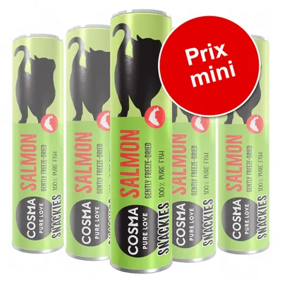 Lot de tubes Cosma Snackies Pure Love saumon, gently freeze-dried, 100 % pure fish. Pastille rouge avec texte : Prix mini.