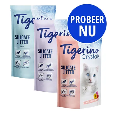 Tigerino Silicate Litter Classic, Silicate Litter en Crystals kattenbakvulling, 5L, met claims: licht, stopt geurtjes, remt bacteriegroei, stofvrij. Blauwe cirkel met tekst: Probeer nu.