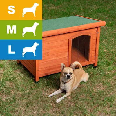 Cuccia in legno per cani con tetto verde, cane di taglia piccola sdraiato davanti. Box a sinistra con sagome di cani e lettere S, M, L su sfondo arancione, verde, blu.