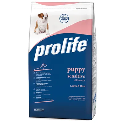 Prolife Puppy Sensitive All Breeds Lamb & Rice. Vitality System with nucleotides. Fresh lamb, high-quality protein, balanced calcium-phosphorus ratio.
