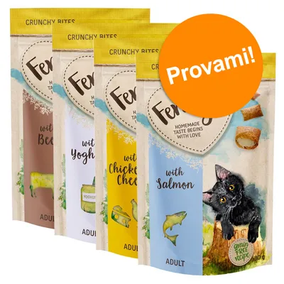 Set prova! Feringa Crunchy Bites Snack per gatti - Yogurt, Manzo, Pollo & Formaggio, Salmone Set prova! Feringa Crunchy Bites Snack per gatti - Yogurt, Manzo, Pollo & Formaggio, Salmone