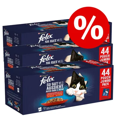 Lot de 3 boîtes Felix So Gut Wie Es Aussieht Aussi Bon Que Beau, 44 sachets jumbo pack, sélection de la campagne en gelée. Signe pourcentage rouge indiquant une offre ou promotion.