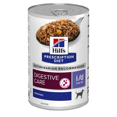 Konzerva Hill's Prescription Diet Digestive Care i/d low fat, ORIGINAL, doporučeno veterinářem, pro psy. Viditelný nápis ACTIVBIOME+ a obrázek krmiva na lžíci.